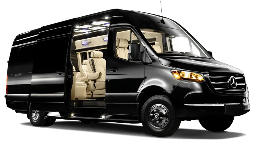 Black Mercedes-Benz Sprinter with an open passenger door and cream leather interior